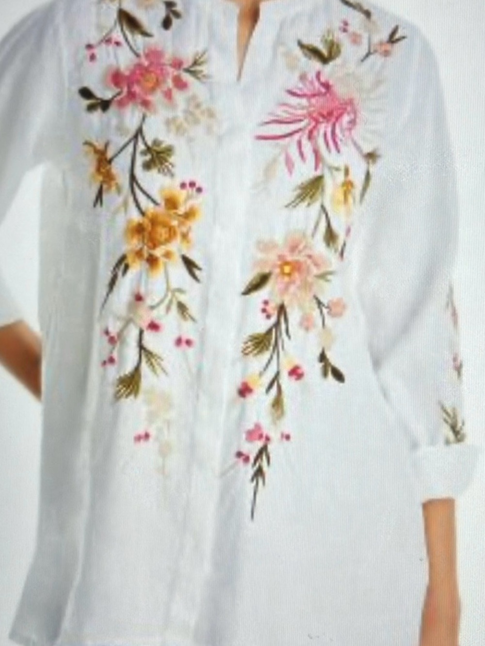 Johnny Was White Embroidered Floral Tunic with Pink Accents